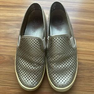 Tory Burch perforated, metallic silk platinum gold slip on sneaker